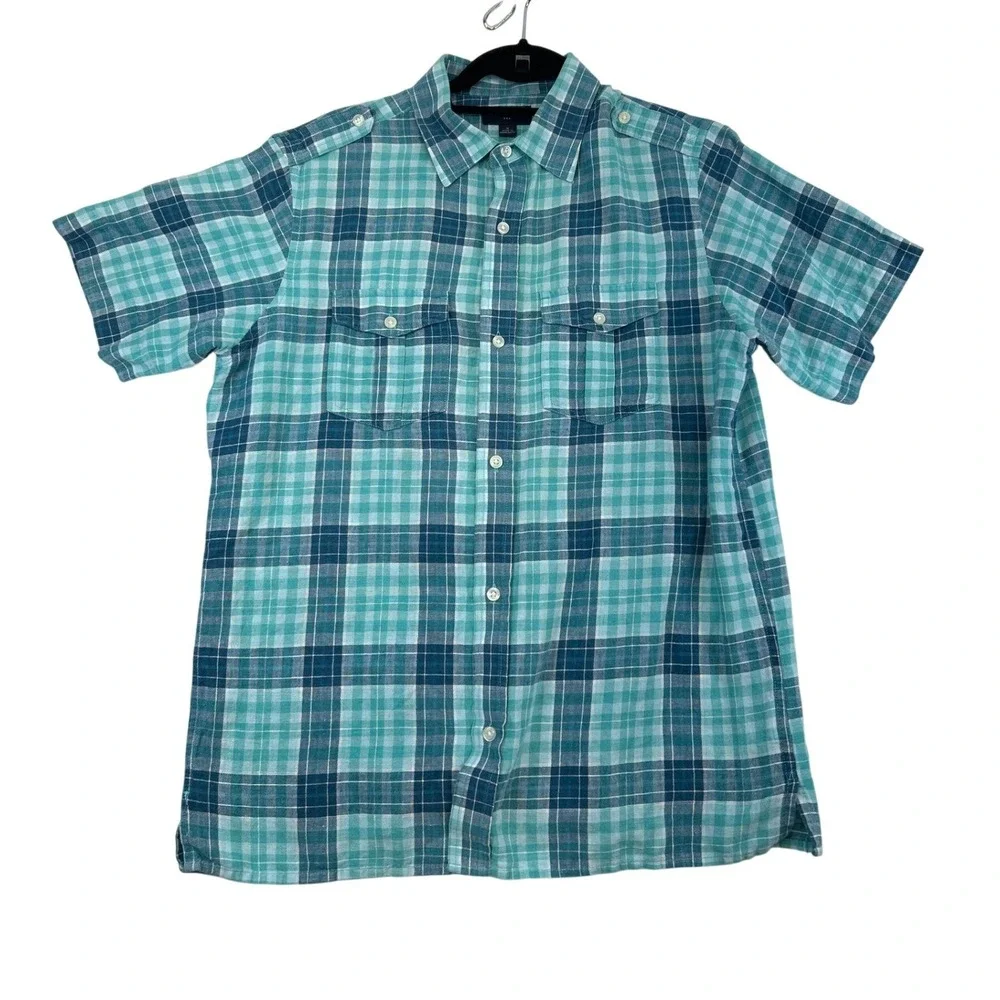 Banana Republic Button Down Shirt Mens M‎ Teal Plaid Linen Cotton Epaulets Beach